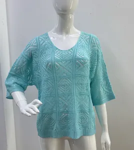 Detailed view of turquoise crochet hollow knit top with 3/4 sleeves and lattice pattern