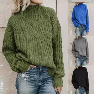 Women's European Style Cable Knit Turtleneck Sweater Casual Loose Long Sleeve Acrylic Pullover Warm Winter Knitwear Top