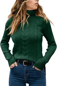 Detail view of women's dark green turtleneck cable knit sweater with ribbed texture