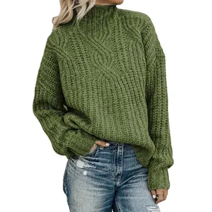 Chic women's green cable-knit high-neck sweater pullover for cozy winter fashion