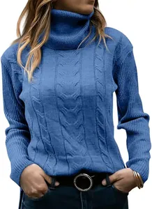 Front view detail of women's blue cable knit turtleneck sweater for autumn winter