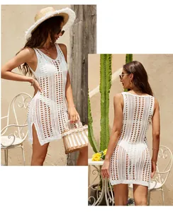 Front and back views of a chic white hollow-out knit beach cover-up dress with side slits