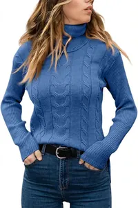 Close-up of blue cable-knit turtleneck sweater showing the intricate texture and slim fit.