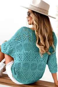 Macro detail of turquoise crochet hollow-out knit sweater featuring intricate patterns