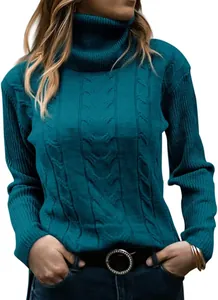 Detail shot of a stylish women's teal turtleneck cable-knit sweater with long sleeves
