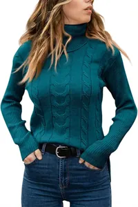 Close-up of women's vintage teal turtleneck cable-knit sweater with long sleeves