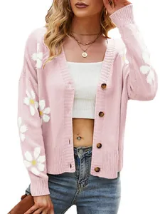 Cardigan in Maglia da Donna con Motivo a Margherita Scollo a V Manica Lunga Capispalla in Acrilico Moda Autunno Inverno