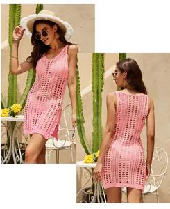 Front and back detail views of a sexy pink knitted hollow-out beach cover-up dress