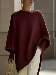 Maglione in maglia bordeaux oversize da donna con maniche a pipistrello vestibilità