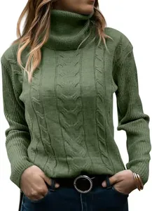Close-up detail of a vintage cable-knit sage green turtleneck sweater for women