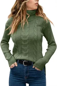Detailed view of women's green cable-knit turtleneck sweater with slim fit design