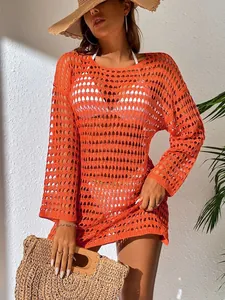 Dames Gehaakte Mesh Holle Bikini Cover Up Sexy Doorschijnend Strand Zonbescherming Gebreide Top Lange Mouw Badpak Coverup