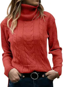 Close-up detail of a women's red cable knit turtleneck sweater showing its texture