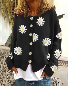 Schwarze Strickjacke für Damen mit weißen Gänseblümchen-Stickereien und Knopflleiste vorne