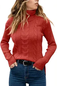 Close-up of elegant red turtleneck cable-knit sweater with vintage texture for women