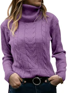 Close-up of a stylish purple cable-knit turtleneck sweater featuring intricate knit patterns