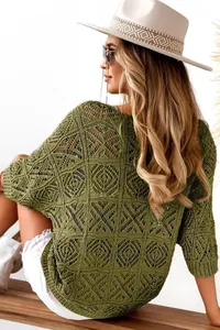 Detailed back view of an olive green crochet hollow-out knit sweater with boho patterns