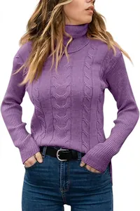Detailed view of the purple cable knit pattern on this elegant turtleneck sweater.