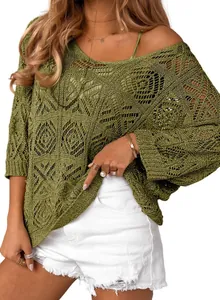 Close-up of a stylish olive green crochet hollow-out knit sweater with 3/4 sleeves