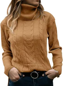 Close-up detail of women's camel vintage turtleneck cable knit long sleeve sweater
