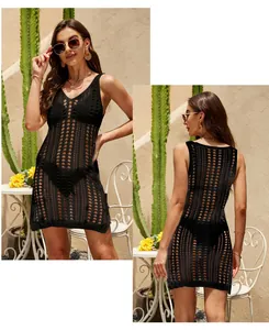 Detailed front and back views of a sexy black knitted crochet cover-up sleeveless dress
