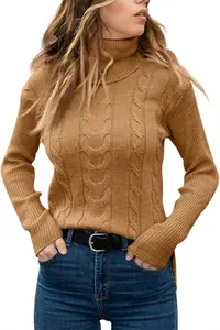 Detailed view of a classic camel cable-knit turtleneck sweater for women in retro style.