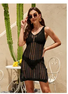 Detailed close-up view of the black knit crochet beach cover-up dress for summer vacations