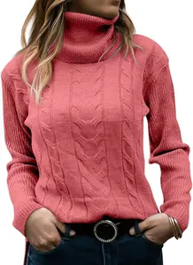 Detail view of pink turtleneck cable knit sweater featuring classic retro pattern