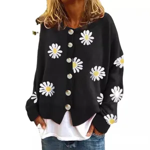 Modische schwarze Strickjacke für Damen mit weißen Gänseblümchen-Stickmustern