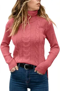 Detail of pink high-collar cable knit sweater with retro long sleeves for women.