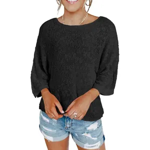 Lockeres schwarzes Damen-Strickoberteil mit strukturierter Häkeloptik für Sommer