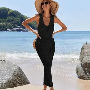 Elegant black sleeveless crochet knit hollow out maxi beach cover-up dress for summer