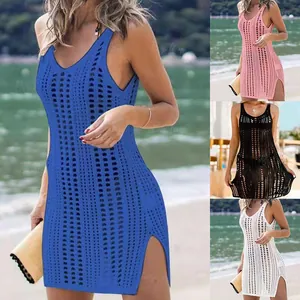 Sexy sleeveless knitted beach cover-up dress with high side slits in multiple colors