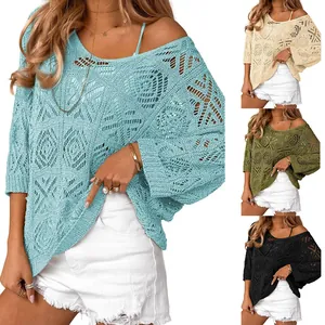 Women's crochet hollow out knit sweater with 3/4 sleeves and off shoulder design