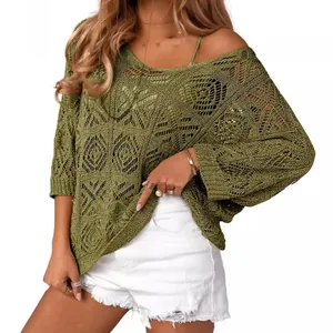 Stylish boho green crochet hollow-out 3/4 sleeve sweater off-shoulder top for women