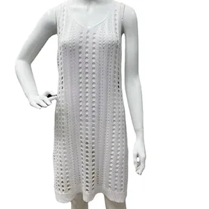 White hollow-out knitted sleeveless cover-up dress for summer beach wear