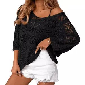 Chic black crochet hollow-out sweater with off-shoulder design and three-quarter sleeves