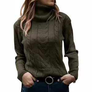 Elegant dark olive green turtleneck cable knit sweater for women 2023 autumn winter fashion