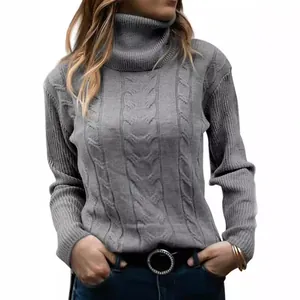 Women's grey turtleneck cable knit sweater with vintage long sleeve design