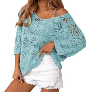 Light blue crochet hollow-out knit sweater with 3/4 sleeves and off-shoulder design