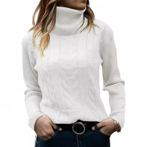 Cozy women's white turtleneck cable knit sweater with vintage long sleeves for autumn