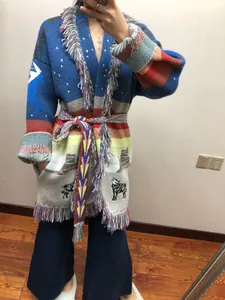 Bohemian jacquard fringe wool cardigan with belt and animal patterns