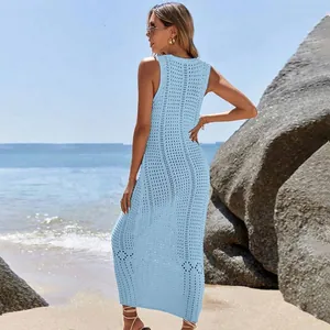 Back view of light blue sleeveless open-knit maxi dress beach cover-up for women