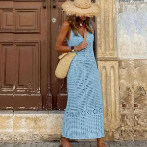 Light blue sleeveless crochet maxi dress beach cover up with elegant hollow out knit details