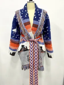 Detailed view of vintage jacquard knit wool cardigan with colorful fringes and waist belt