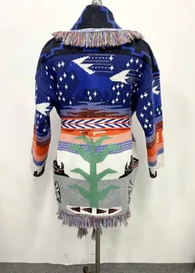 Detailed back view of heavy jacquard knit cardigan with fringe and horse pattern