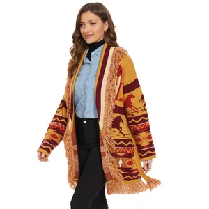 Böhmische Strickjacke im Vintage-Stil mit Pferde-Jacquard-Mustern und langen Fransendetails