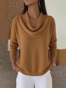 Maglione casual in maglia con collo a cappuccio da donna color giallo senape
