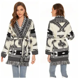 Front and back view of a bohemian tribal pattern knit cardigan with fringe and belt