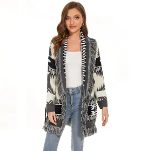 Boho tribal pattern thick wool cardigan coat with fringes for women's autumn winter